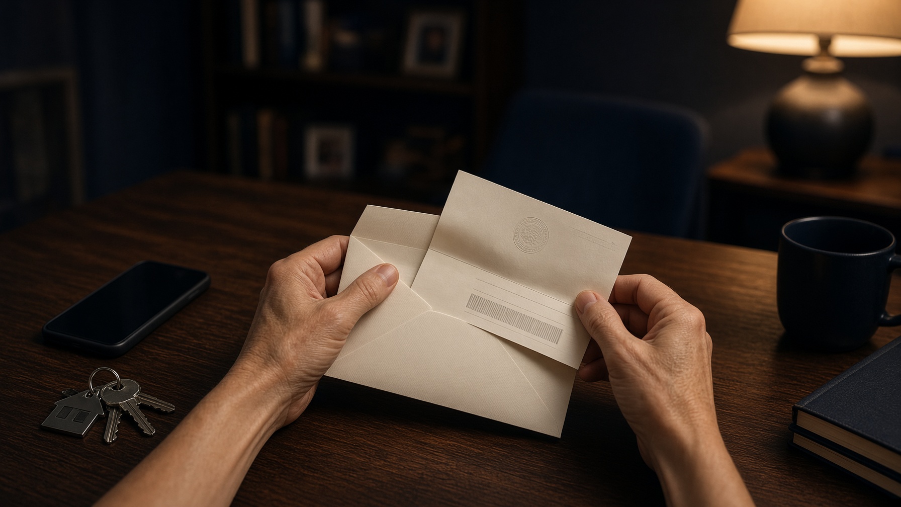 Hands opening a formal envelope with an official-looking letter on a desk
